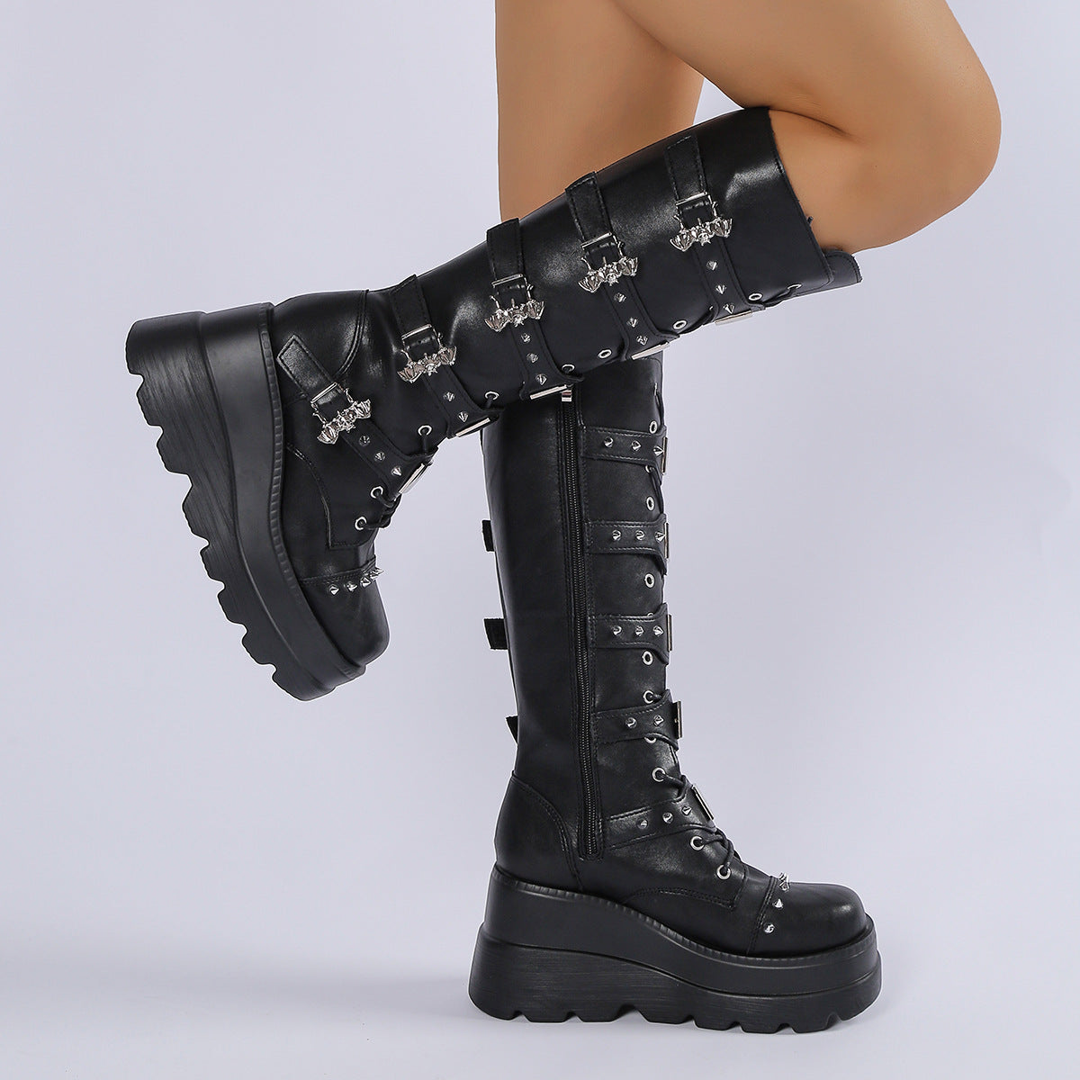 Plus Size Wedge Belt Buckle Punk Rivet Women's Leather Boots