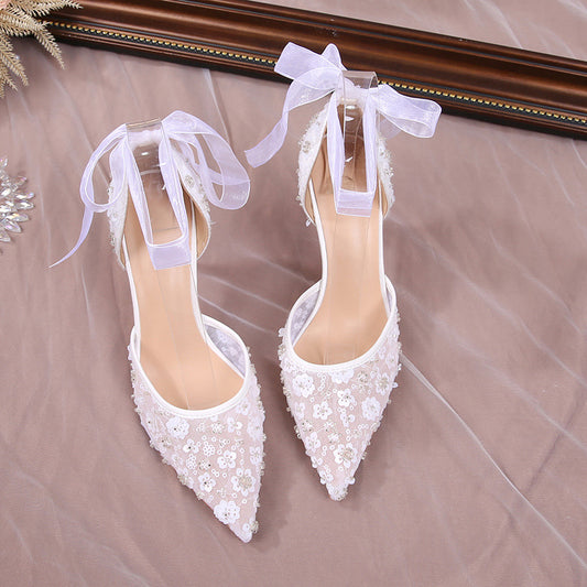 Style Sequin Hollowed White Lace Strap Stiletto High Heeled Sandals