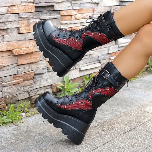 Buckle Strap Thick Bottom Gothic Wedge High Female Women's Leather Boots