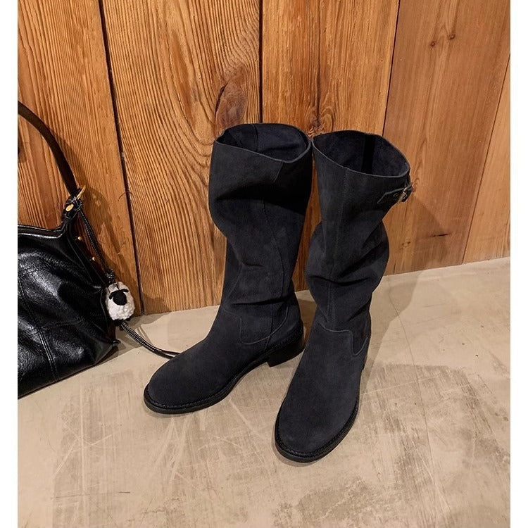 Women's Cowhide Pointed Round Head Genuine Buckled Chunky Thigh Heels