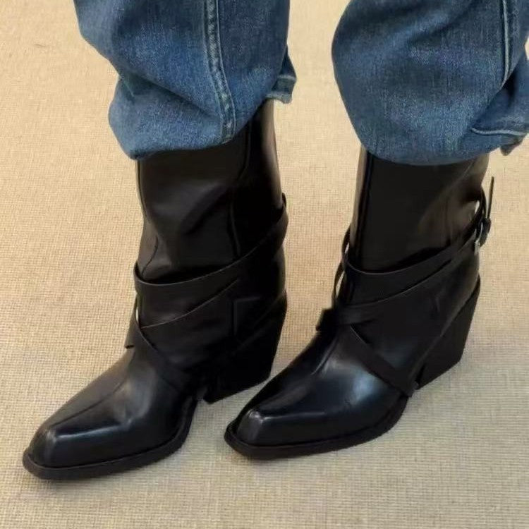 Women's Retro Square Toe High High-heel Martin Commuter Chunky Boots