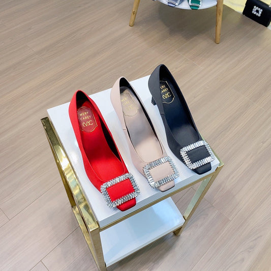 Women's Satin Mid Square Toe Buckle Rhinestone Low-cut Women's Fashion Shoes