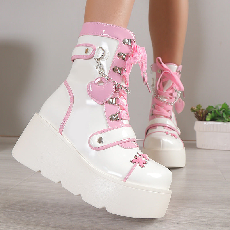 Thick Bottom Punk Motorcycle Platform Middle Women's Leather Boots