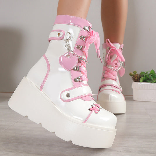 Thick Bottom Punk Motorcycle Platform Middle Women's Leather Boots