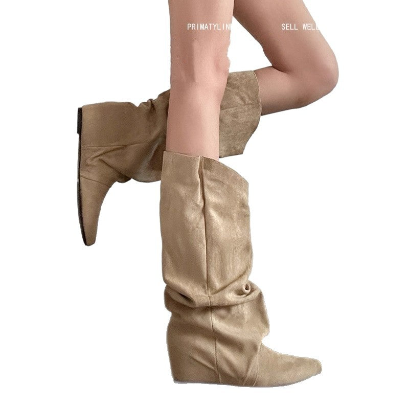 Women's Western Cowboy Waste Soil Style Pile For Height Increasing Insole Women's Leather Boots