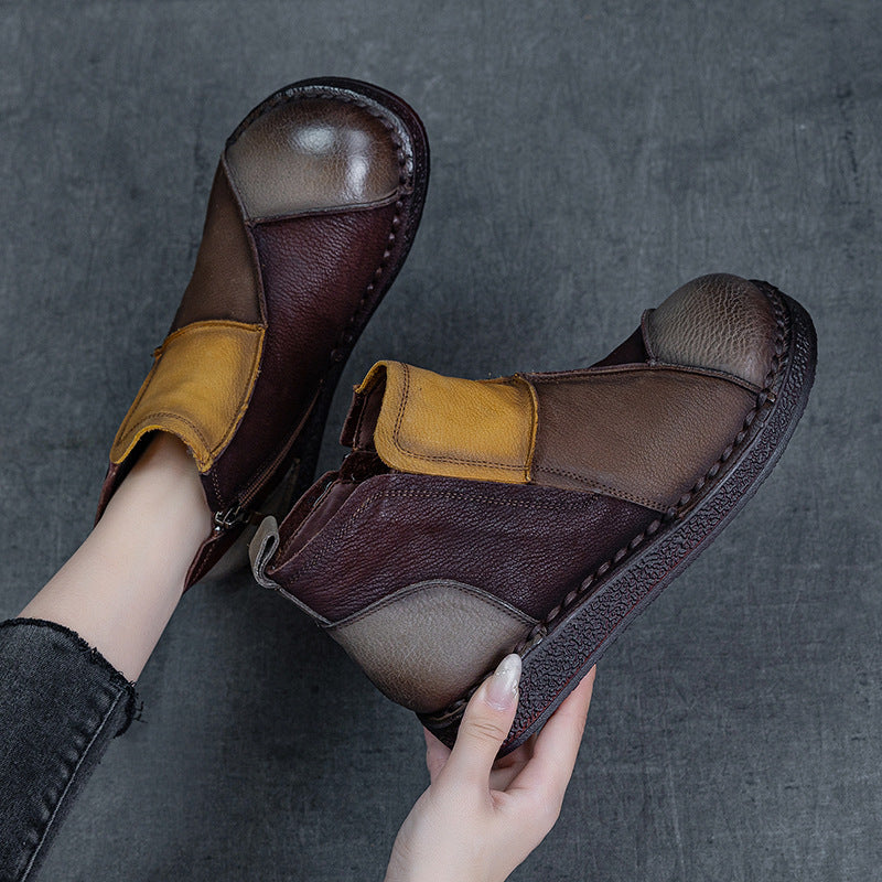 Women's Layer Cowhide Veet Warm Retro Contrast Color Short Tube Flat Boots