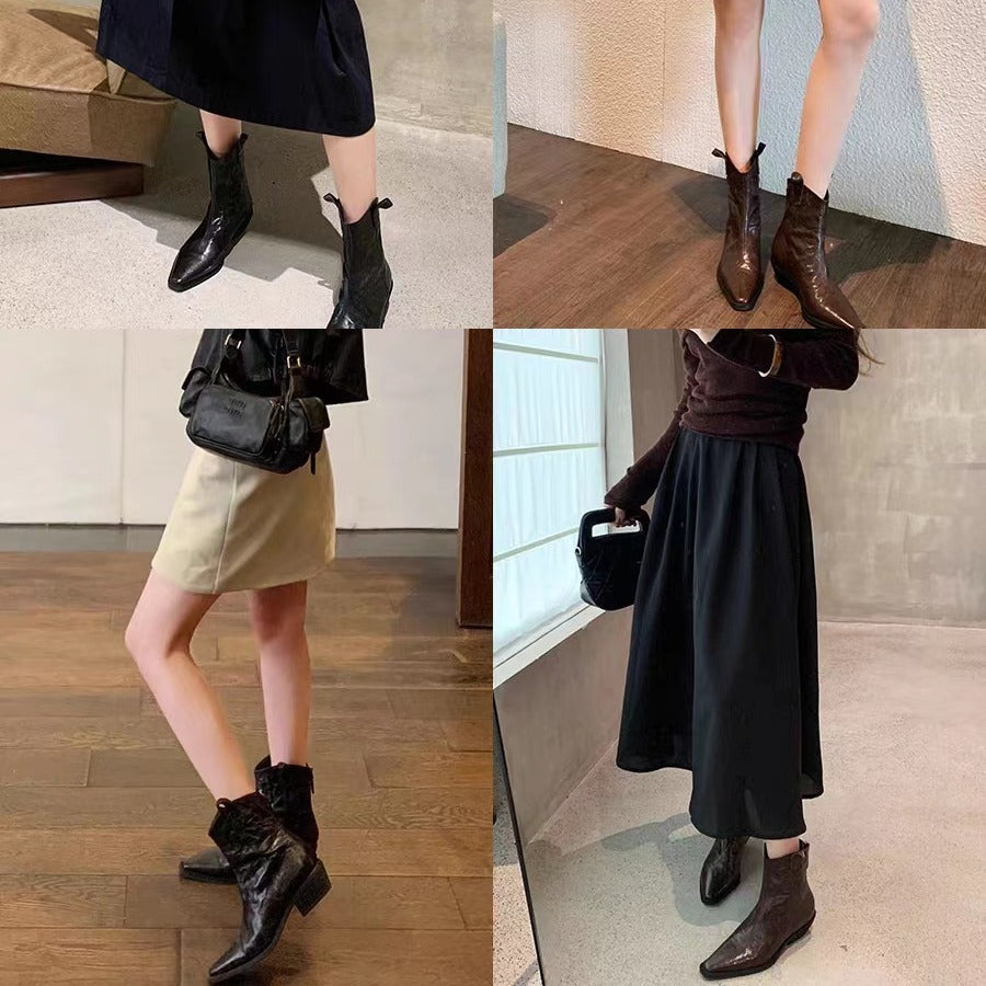 Women's Fashionable Pointed Toe V-shaped Mouth Vintage Denim Genuine Skinny Thick Women's Leather Boots