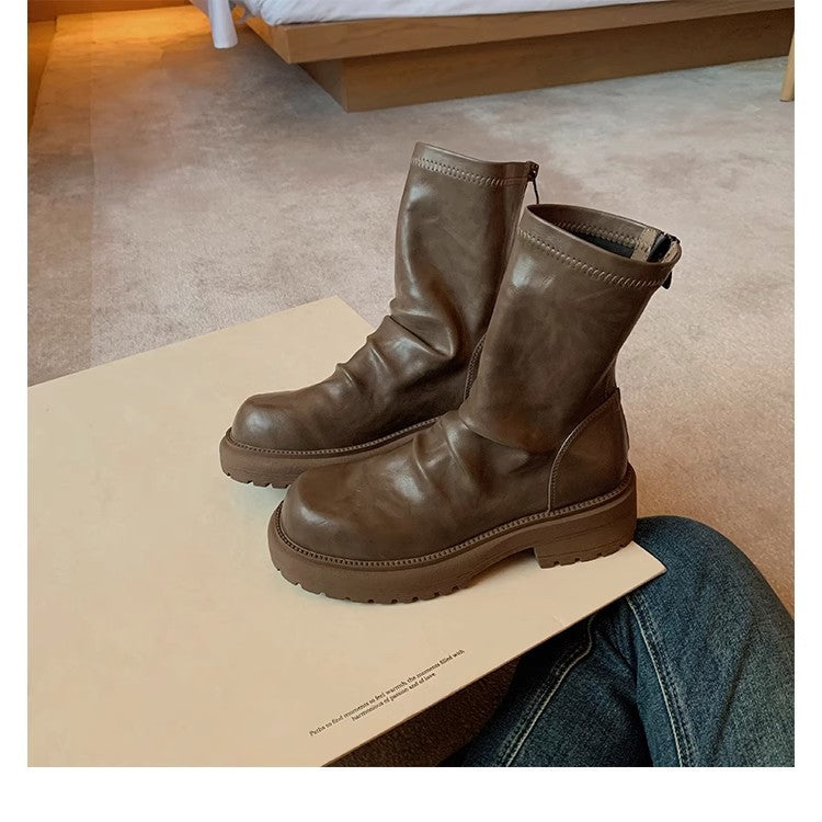 Women's Platform Skinny Round Toe Pleated Back Women's Leather Boots