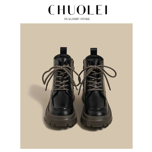 Women's Round Toe Martin Thick Bottom Color Women's Leather Boots