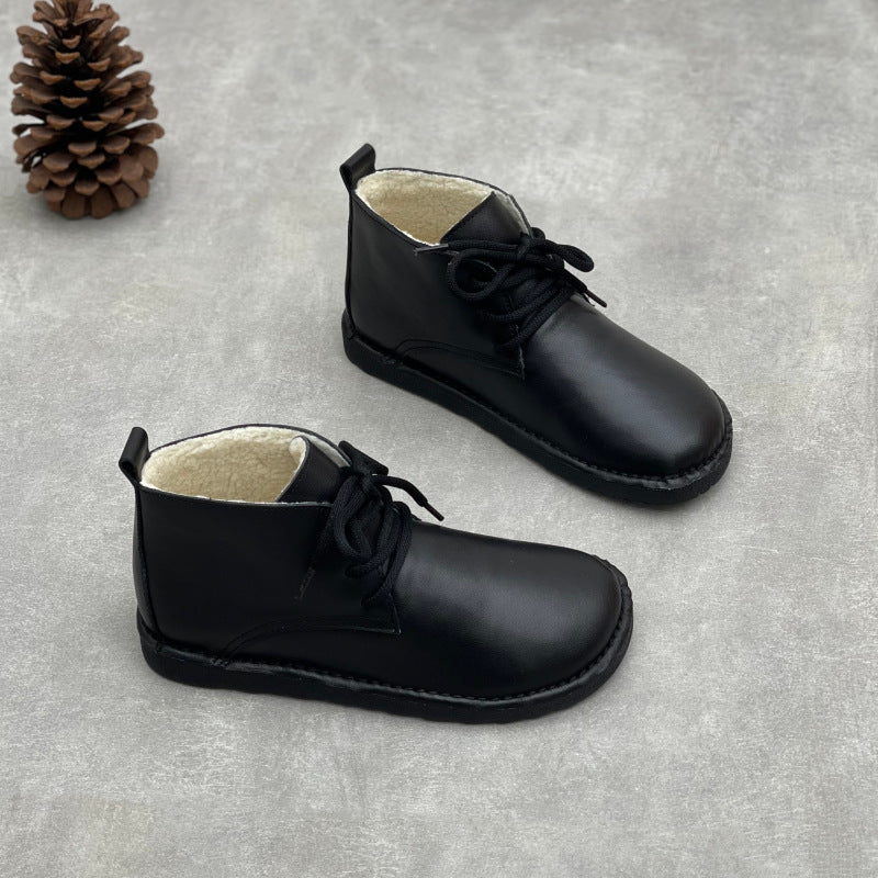 Women's First Layer Cowhide Artistic Crafts Matte Genuine Round Toe Flat Women's Leather Boots