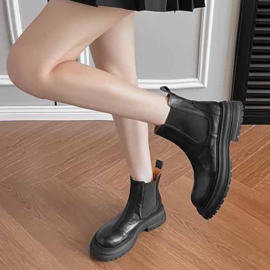 Women's Simple Beautiful Retro British Style Round Head Chunky Platform Smoke Women's Leather Boots