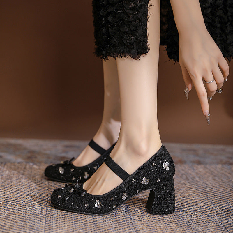 Women's Classic Style Early Spring Fairy Thick Bowknot Sequins Round Toe Women's Fashion Shoes