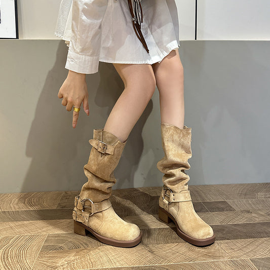 Platform Pile Style Female Knight Vintage Suede Chunky Square Toe Women's Leather Boots