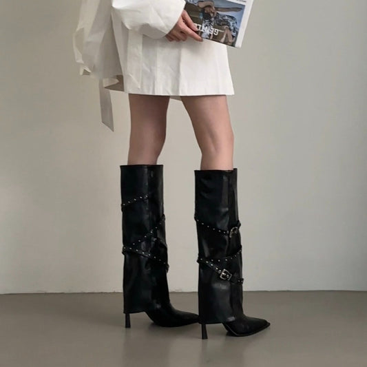 Women's Pointed High Pantyhose For Stiletto Rivet Hot Fried Street Belt Women's Leather Boots
