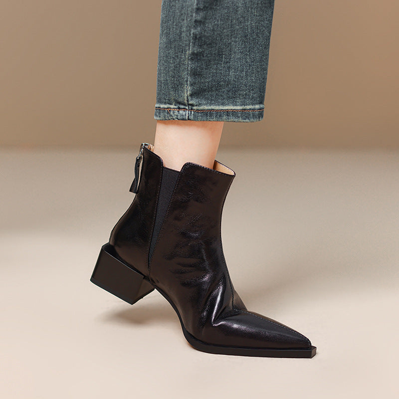 Women's Black Short Thick Thin Retro Martin Women's Leather Boots