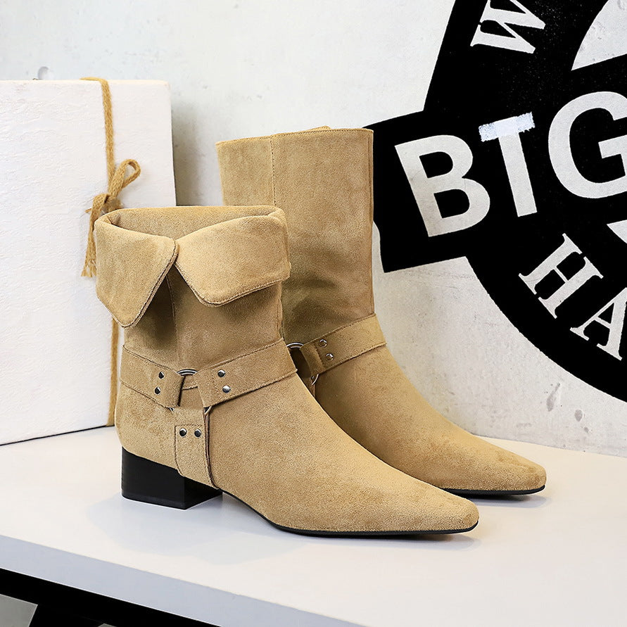 Women's Western Fashion Square Toe Belt Buckle Mid Chunky Suede Thin Women's Leather Boots