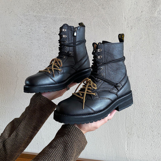 Top Layer Cowhide Round Head Chunky Martin High Waterproof Platform Heels