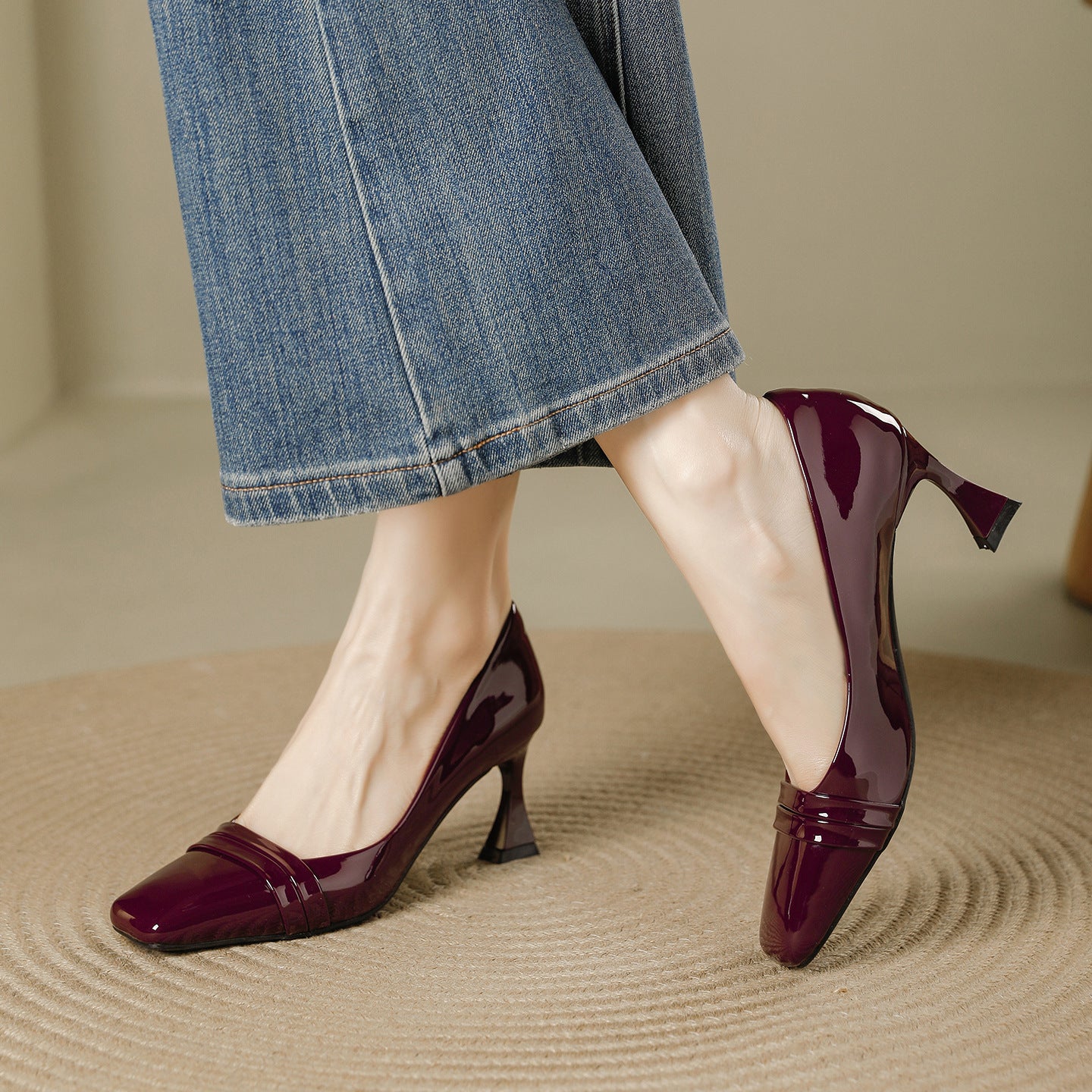 Women's Square Toe Patent Pumps Dress Comfortable Commute Low-cut Heels