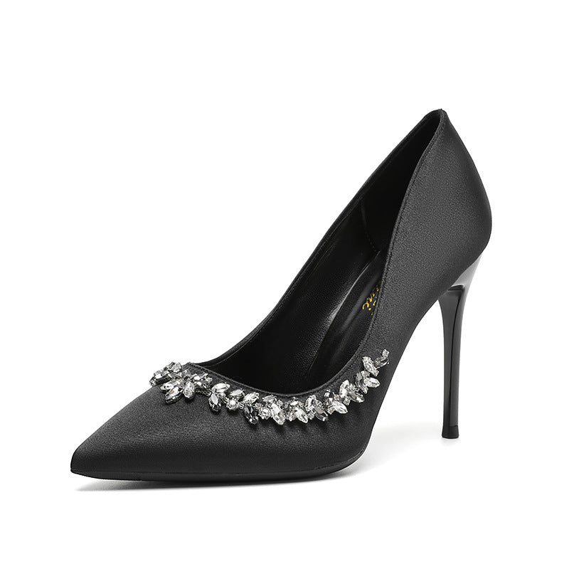 Women's High-grade Rhinestone Pointed Toe High French Joker Elegant Black Plus Heels