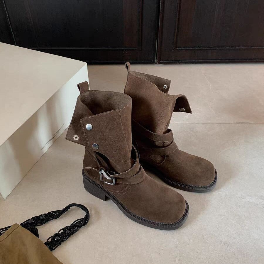 Height Increasing Autumn Fold Two-way Buckle Cow Suede Boots