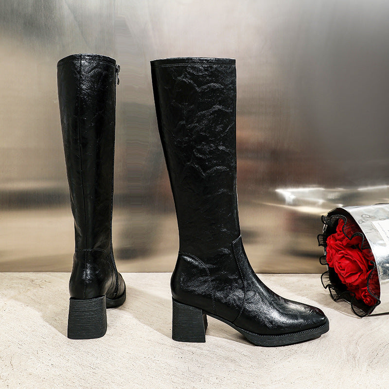 Women's High Winter Knight Chunky Square Toe Women's Leather Boots