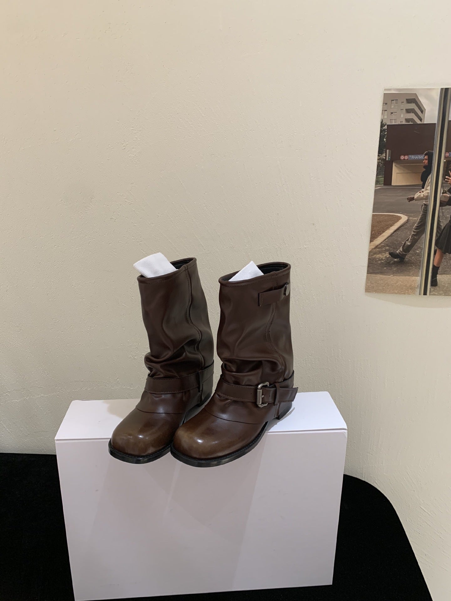 Tax-free Short Pleated Pile Style Wide Women's Leather Boots