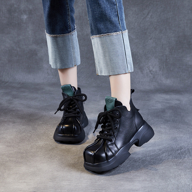 Women's Muffin Bottom High Top Ankle Fashionable First Layer Cowhide Square Men's Shoes
