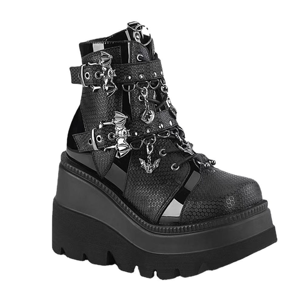 Women's Platform Wedge Bat Belt Buckle Short Martin Boots