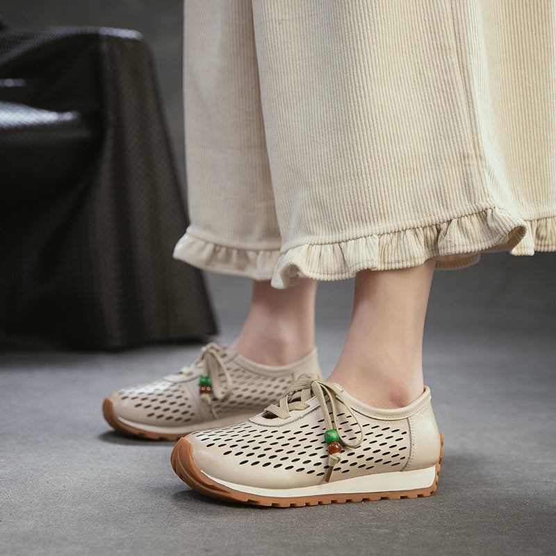 Women's Laser Punching Breathable Pumps First Layer Cowhide Artistic Women's Casual Shoes