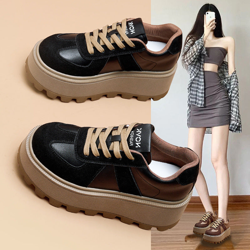 Women's Wear Thick Bottom Korean Style Versatile Height Increasing Leather Shoes