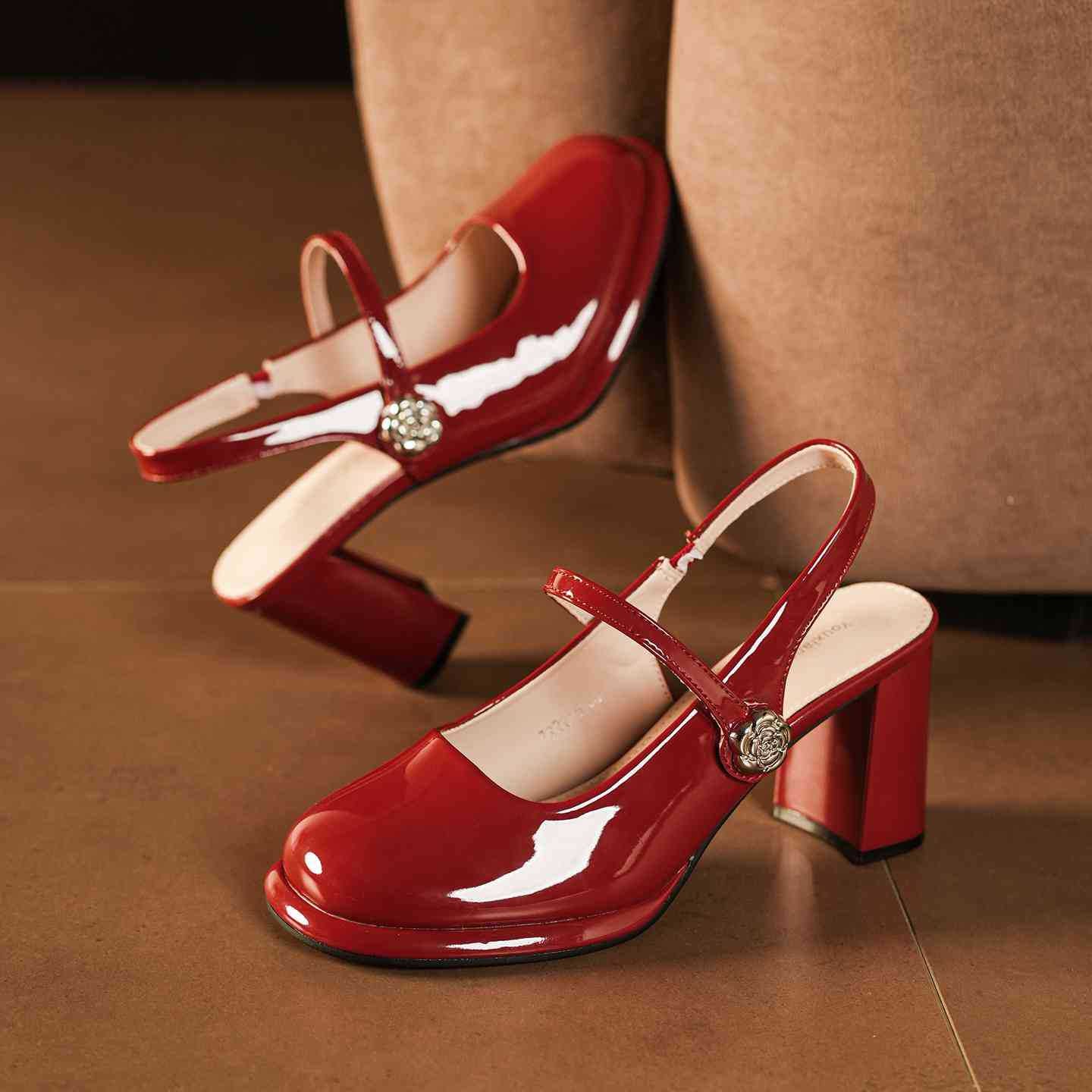 Pumps Rhinestone Square Buckle One-word With Chunky Commuter Toe Back Women's Fashion Shoes