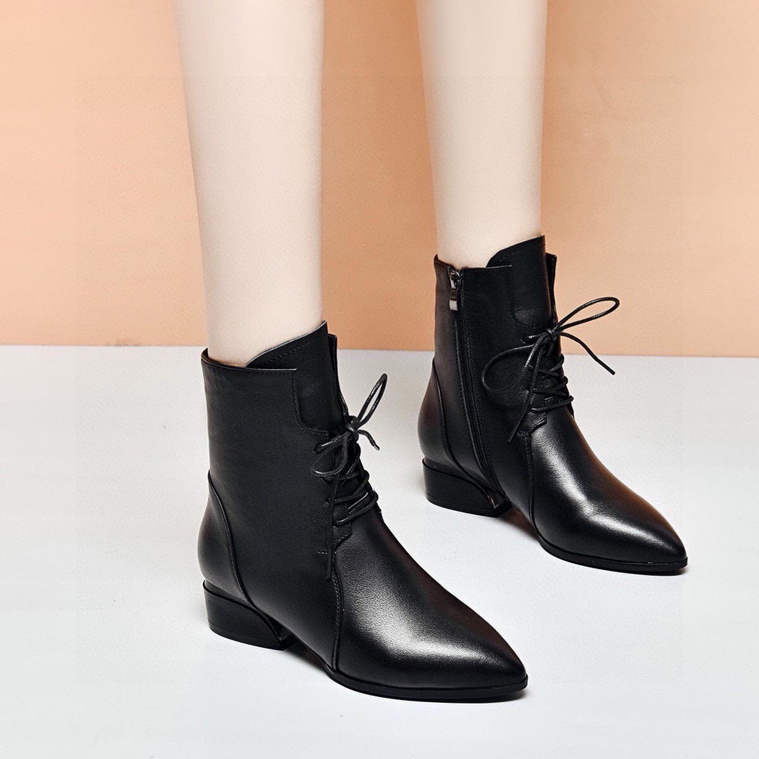 Women's Genuine Mid Pointed Toe Booties Soft Bottom Chunky Women's Leather Boots