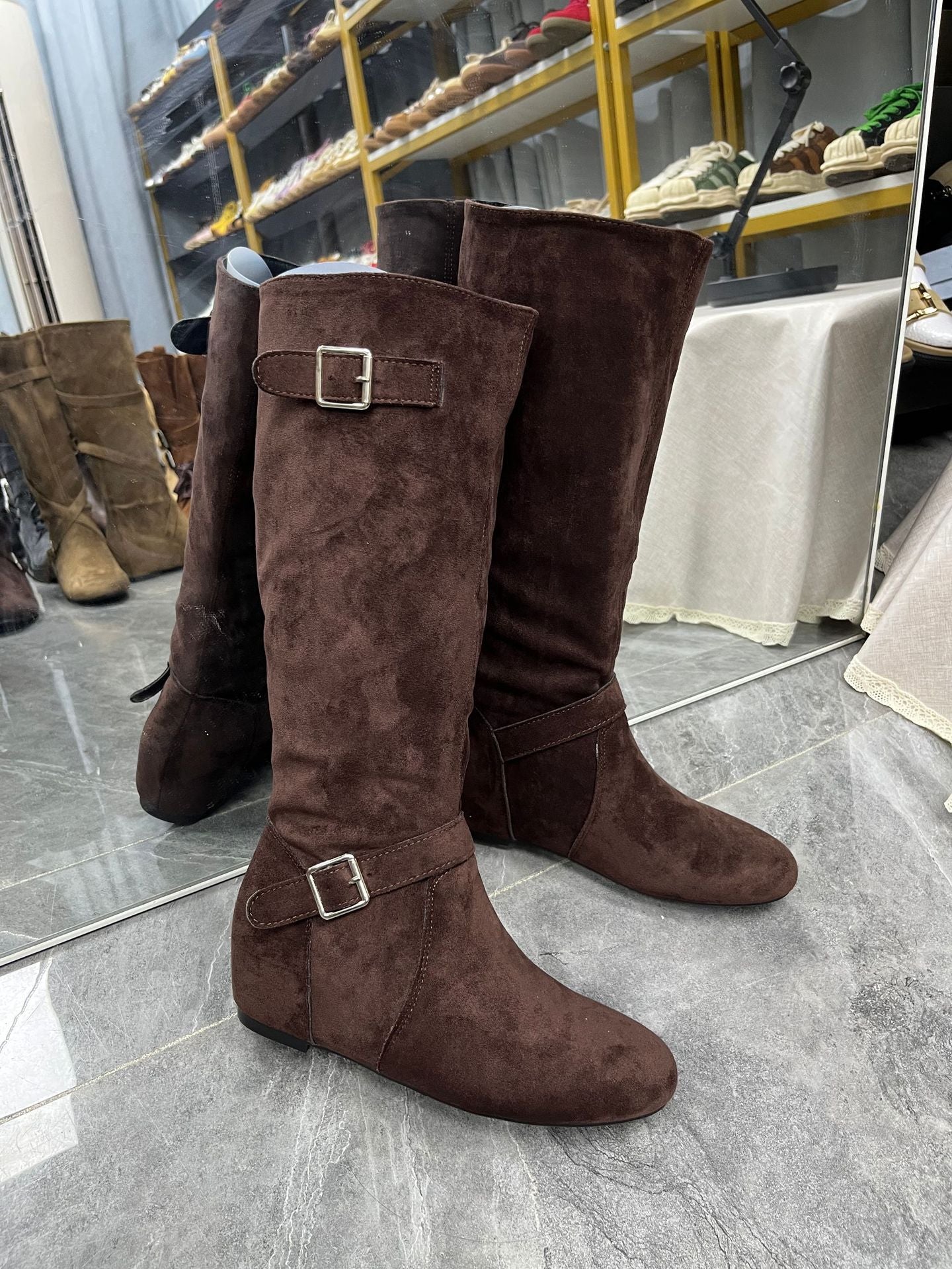 Women's Western Cowboy Korean Round Head Buckle Women's Leather Boots