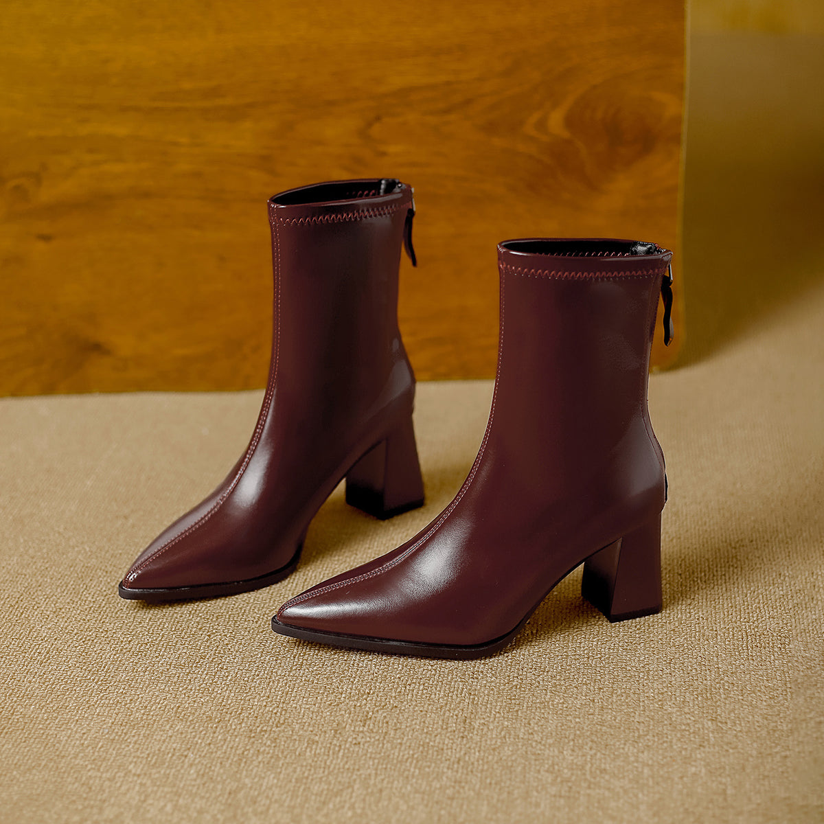 Women's Pointed Toe Chunky Booties Style Versatile Simple Back Zipper With Women's Leather Boots
