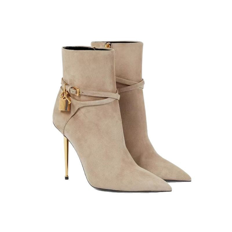 Metal Texture Stiletto Lock Slim Fit Women's Leather Boots