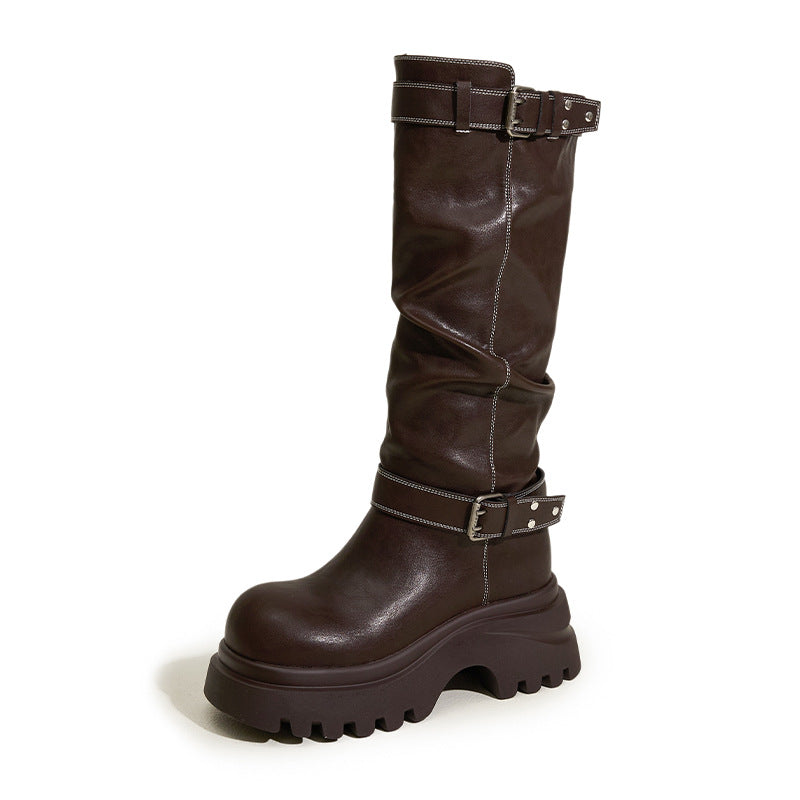 Women's Fleece-lined Warm High Leg Height Increasing Insole Women's Leather Boots