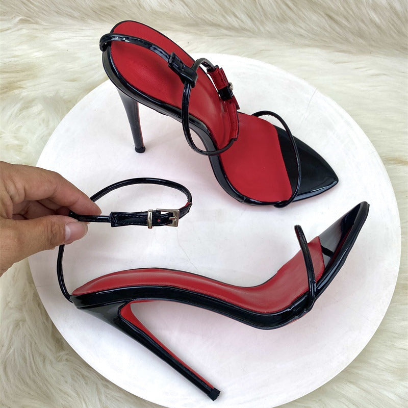 Women's Stiletto Summer Black Pointed Buckle Open High Heeled Sandals