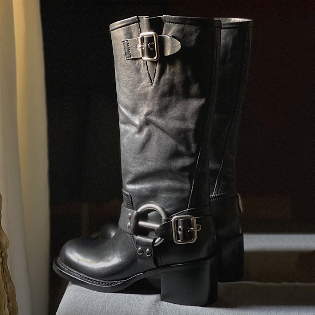 Women's Style Knight Engineer Wide Tube Slimming Modified Leg Women's Leather Boots