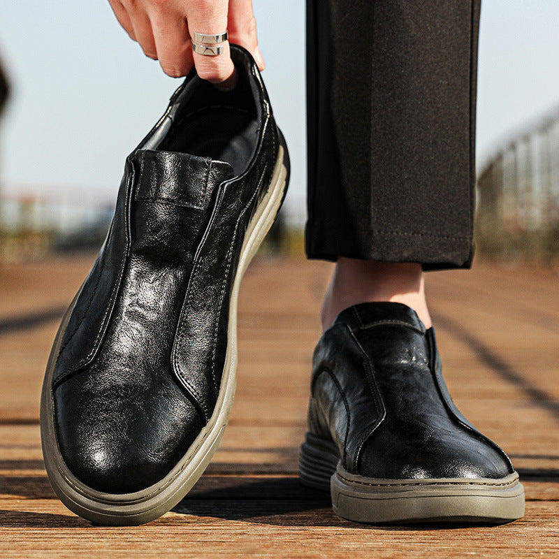 Men's Outdoor Slip-on Elastic Band British Fashion Men's Casual Leather Shoes