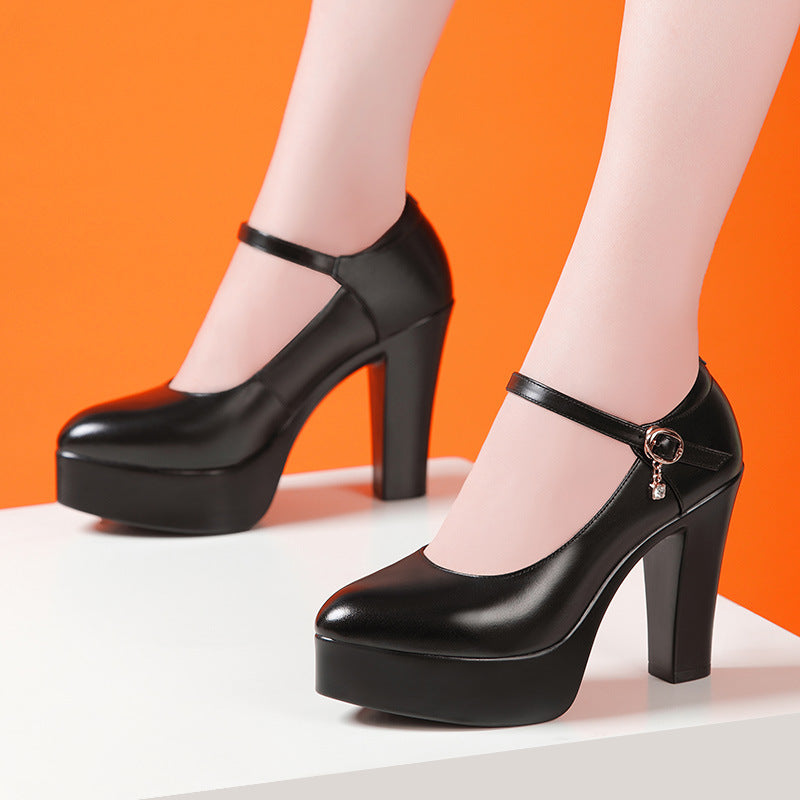 Women's High Chunky Waterproof Platform Cheongsam Model Pumps Pointed Black Soft Leather Shoes