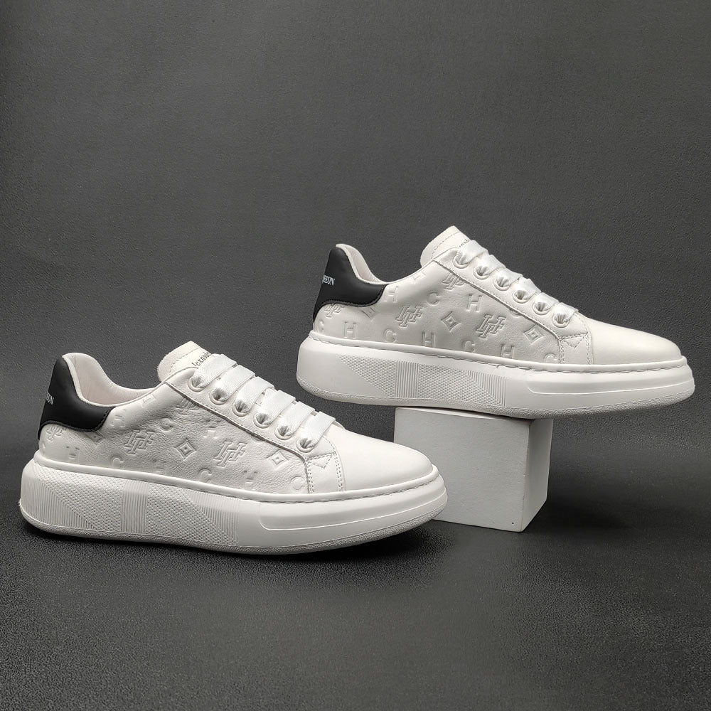 Men's Top Layer Fashionable Genuine Embossed White Men's Sports Shoes
