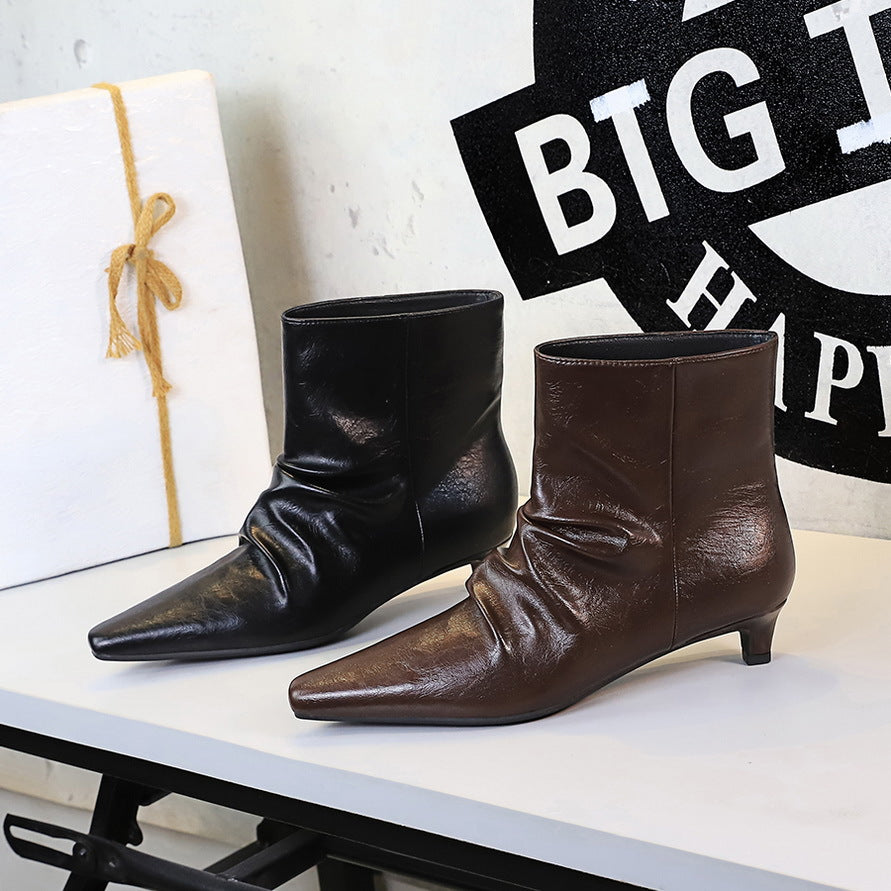 Women's Retro Fashion Stiletto Short Tube Pleated Women's Leather Boots