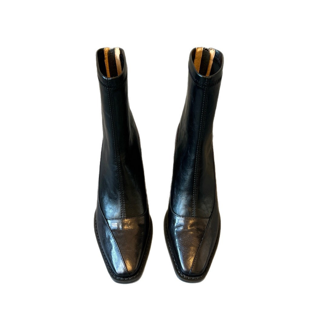 Women's Stretch Thin Chunky Black Short Suede Slimming Women's Leather Boots