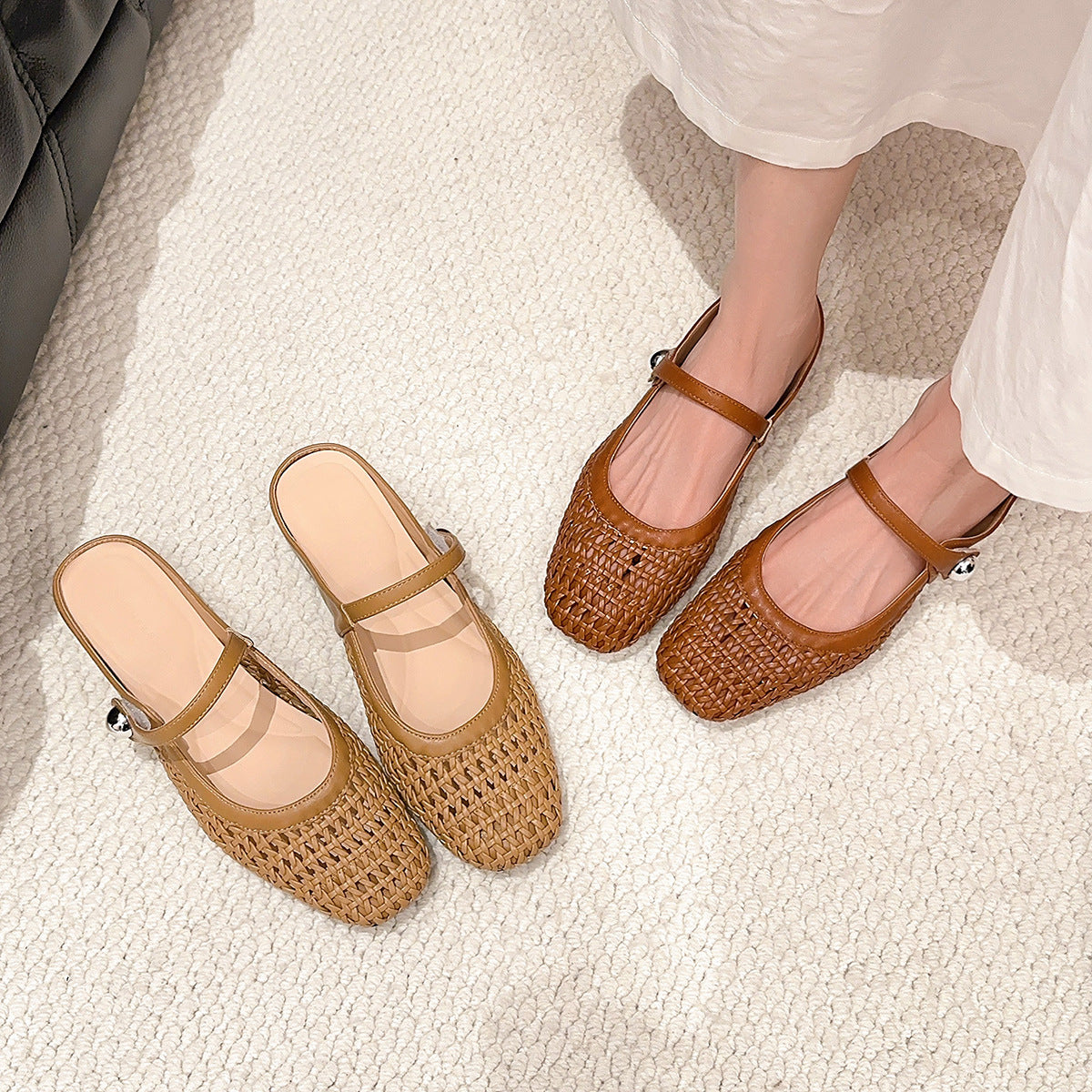 Women's Square Toe Woven Hollowed Breathable Height Increasing Insole Back Open Women's Fashion Shoes