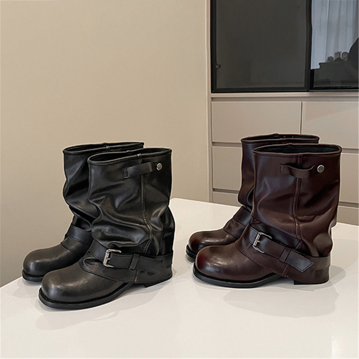 Women's Insole Western Cowboy Pile Style Short Retro Rub Colored Pleated Women's Leather Boots