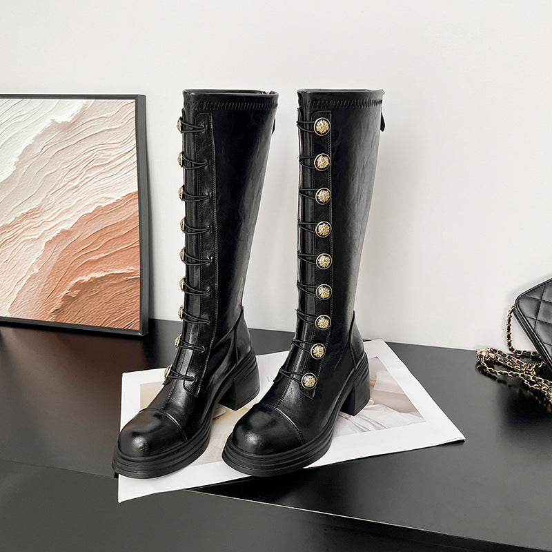 British Badge Below The Knee Long Women's Leather Boots