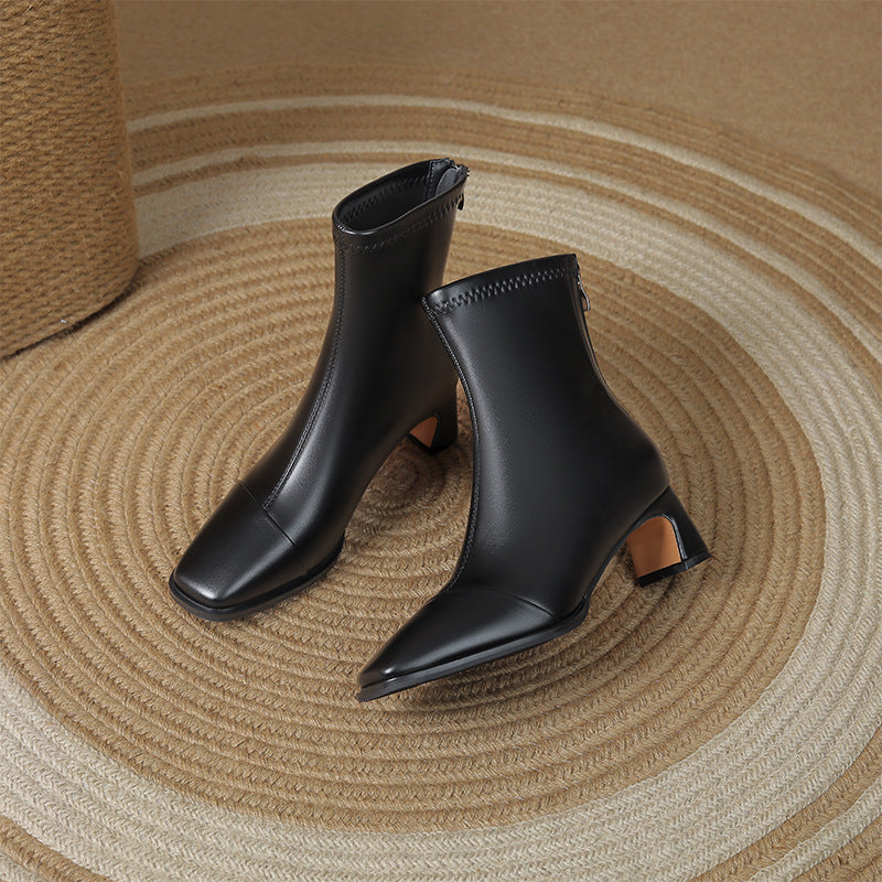 Square Toe Chunky Rear Zipper Martin High Heels