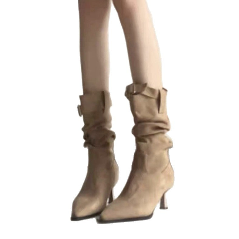 Women's Fleece-lined Pleated Pile Style High French Small Women's Leather Boots
