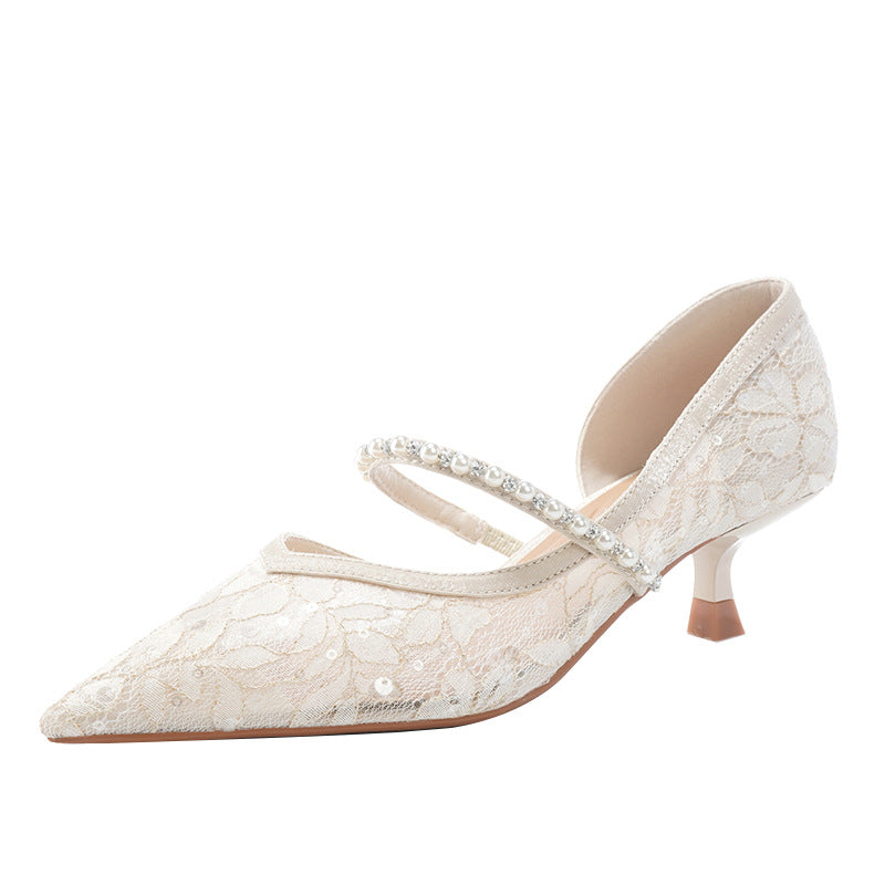 Women's Style Mesh Pointed High Stiletto Low Pearl Women's Fashion Shoes