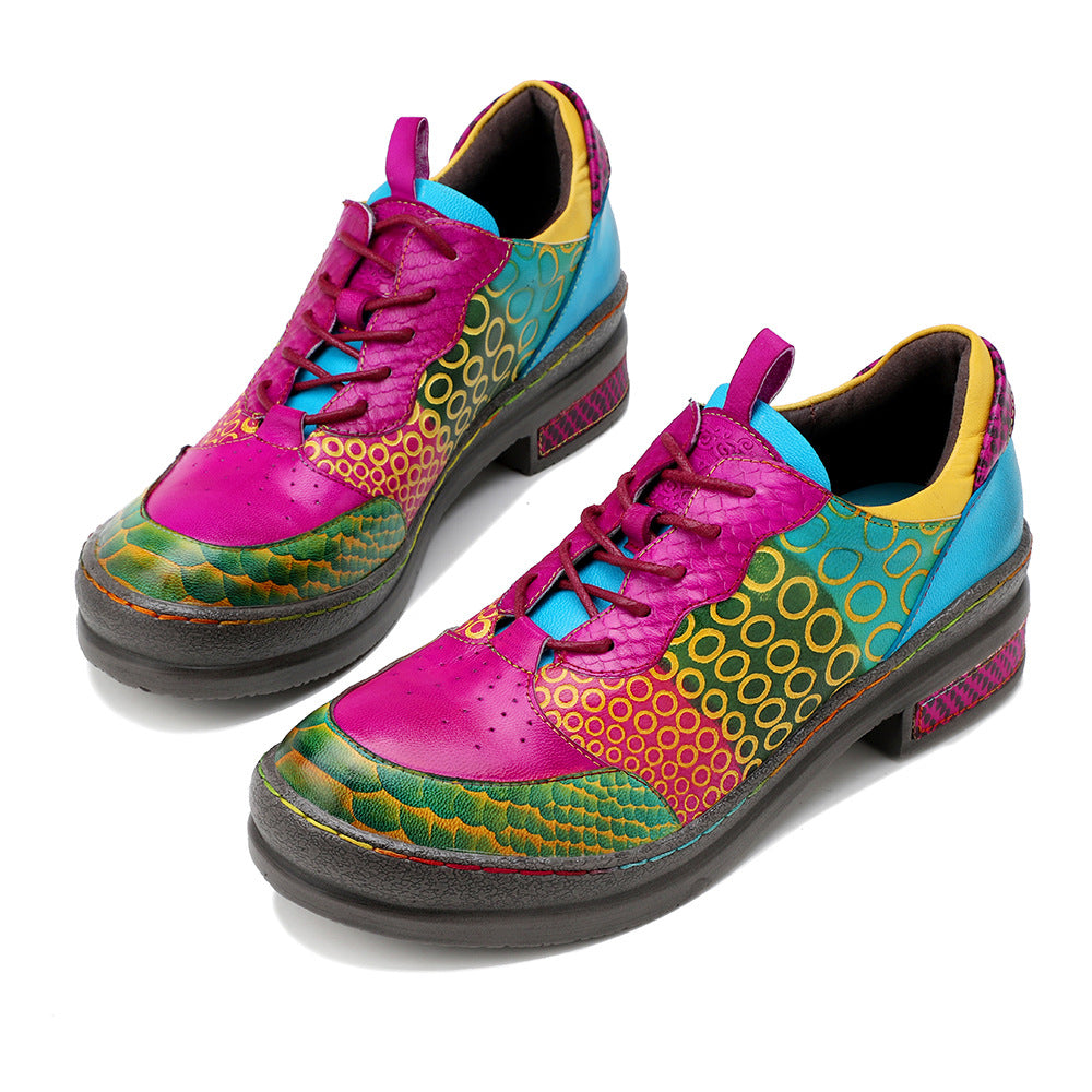 Women's Genuine Retro Contrast Color Chunky Flat Women's Fashion Shoes